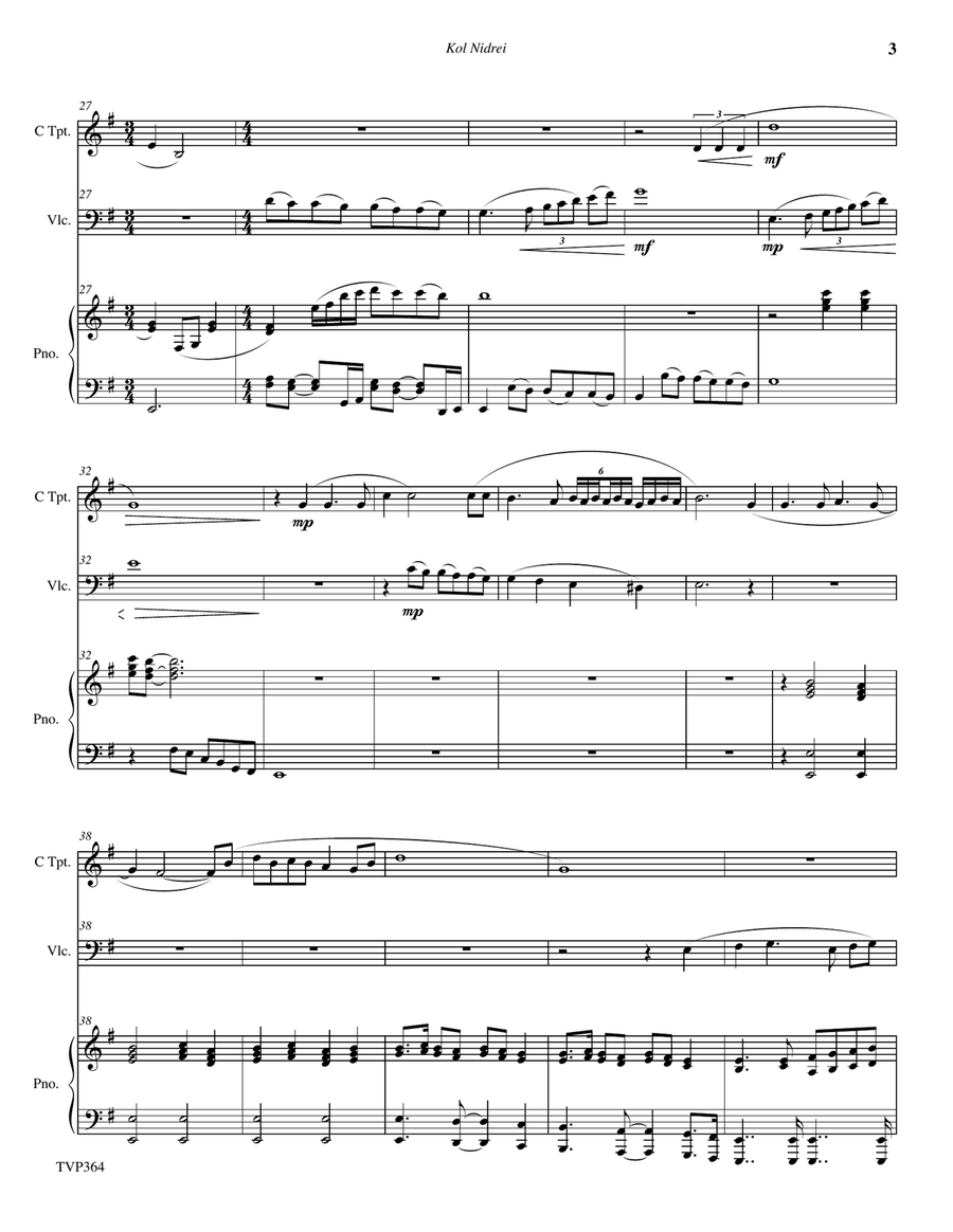 KOL NIDREI (Kol Nidre) - C or Bb Trumpet & Cello with Piano Accompaniment (Grade 4-) Trumpet Duet scores gallery preview page 3
