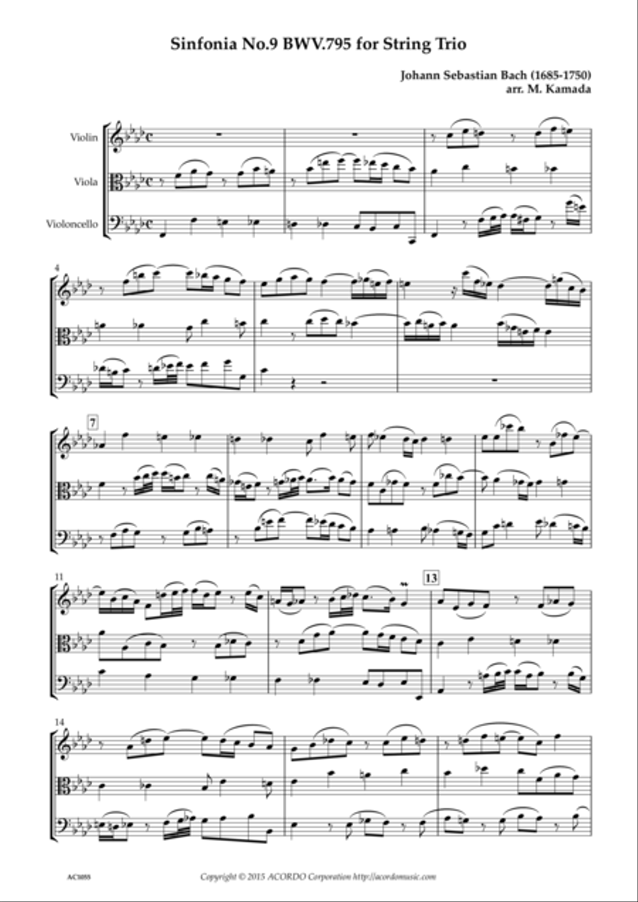 Sinfonia No.9 BWV.795 for String Trio String Trio scores gallery preview page 1