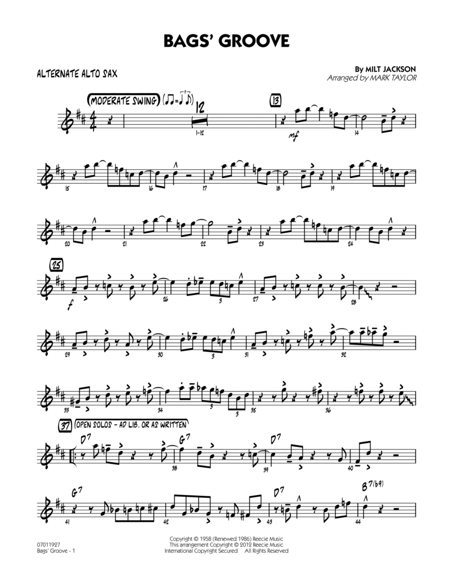 Bags' Groove (arr. Mark Taylor) - Alternate Alto Sax