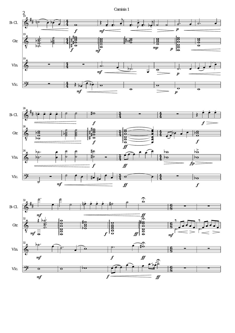 Camisis 1 for clarinet, viola, cello and guitar Small Ensemble scores gallery preview page 2