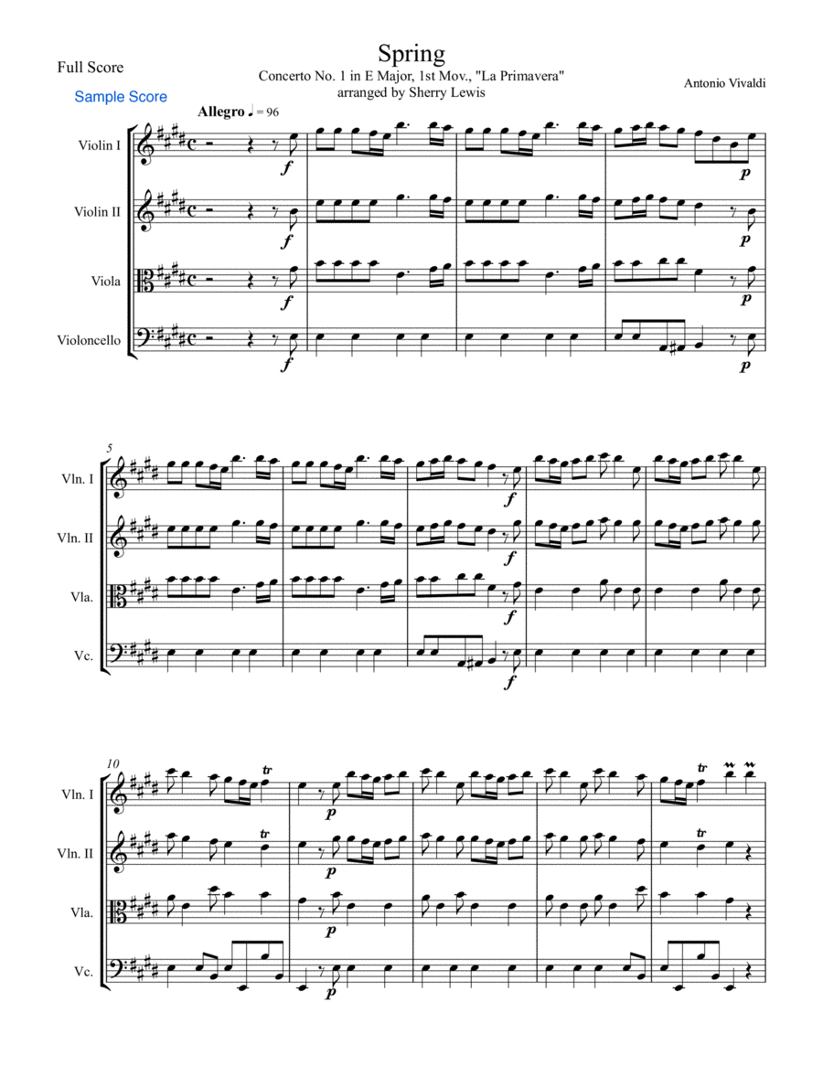SPRING (La Primavera), 1st Mov, String Quartet, Intermediate Level for 2 violins, viola and cello String Quartet scores gallery preview page 1