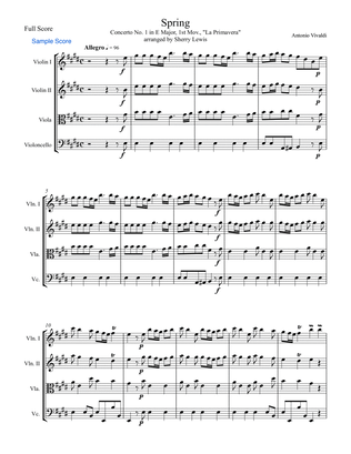SPRING (La Primavera), 1st Mov, String Quartet, Intermediate Level for 2 violins, viola and cello