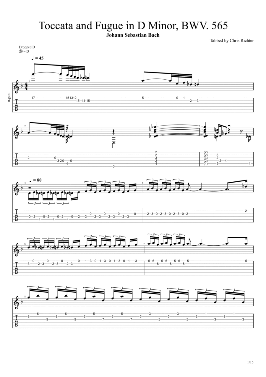 Toccata and Fugue in D minor, BWV 565 (Johann Sebastian Bach) Classical Guitar scores gallery preview page 1