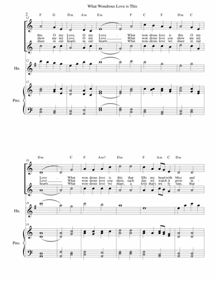 What Wondrous Love is This - Love/Wedding Song - french horn, vocal duet and piano image number null