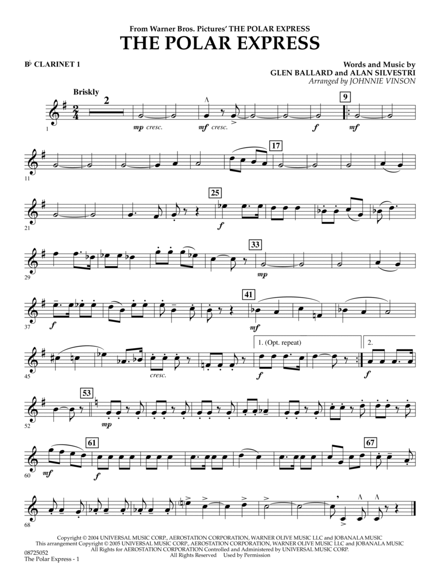 The Polar Express (Main Theme) (arr. Johnnie Vinson) - Bb Clarinet 1