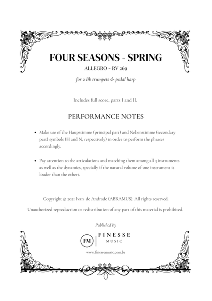 TRIO - Four Seasons Spring (Allegro) for 2 Bb TRUMPETS and PEDAL HARP - F Major image number null