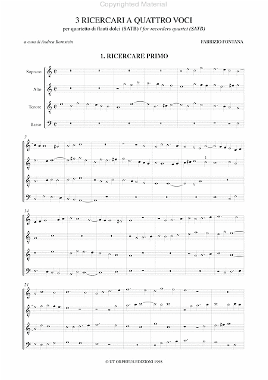 3 four-part Ricercares (Roma 1677) for Recorder Quartet (SATB) 4-Part scores gallery preview page 2
