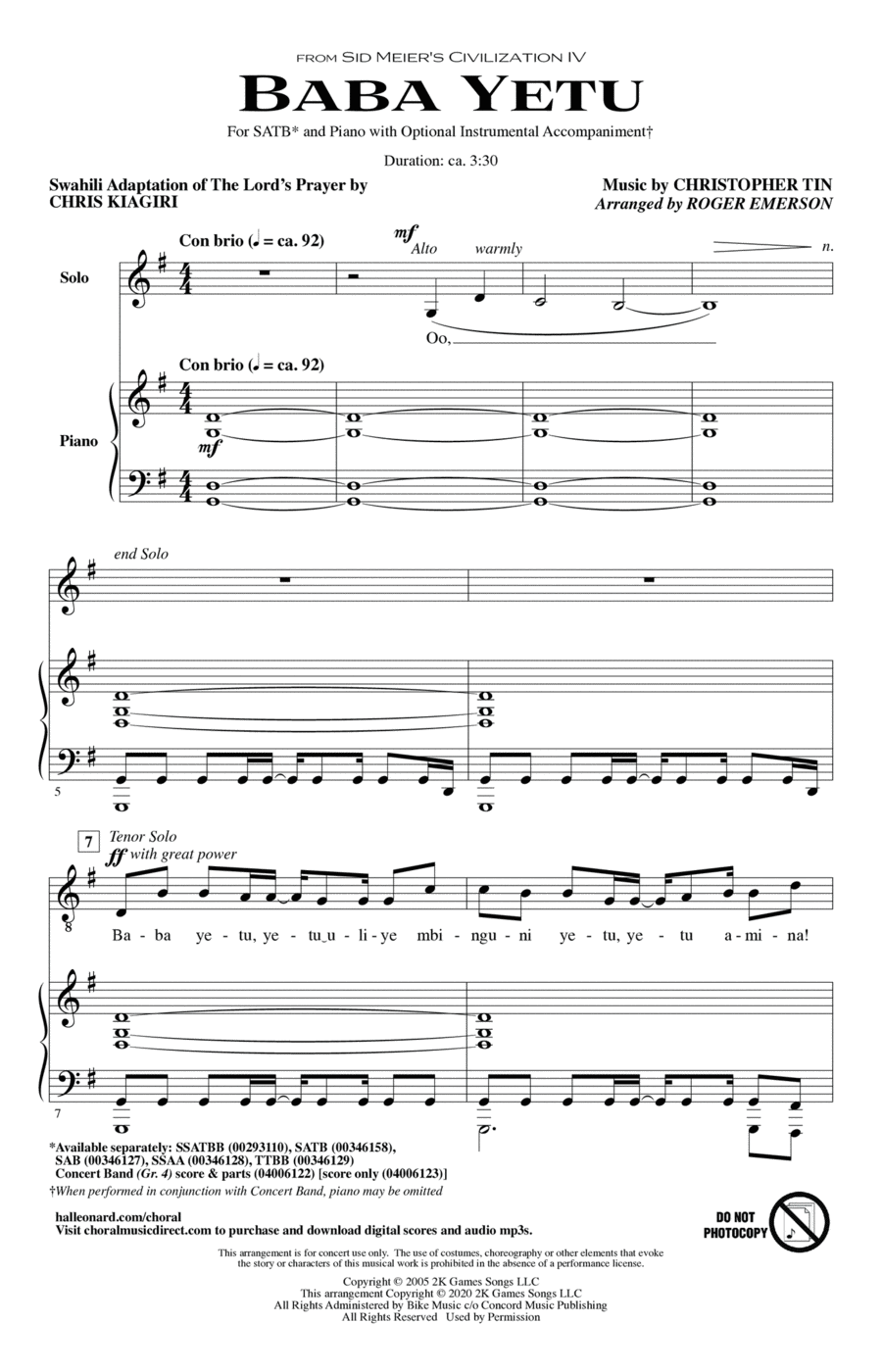Baba Yetu (from Civilization IV) (arr. Roger Emerson) 4-Part scores gallery preview page 1