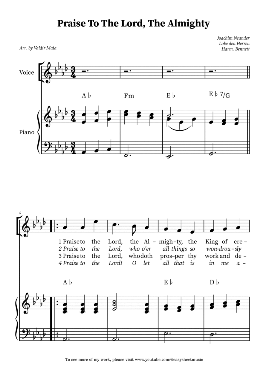 Praise To The Lord, The Almighty – Voice with Piano Accompaniment (A Flat Major) Voice scores gallery preview page 1