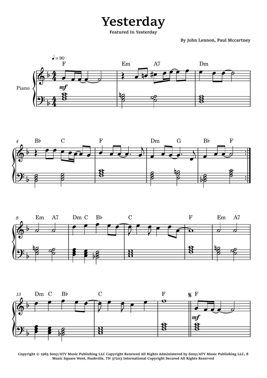 Yesterday Easy Piano scores gallery preview page 1