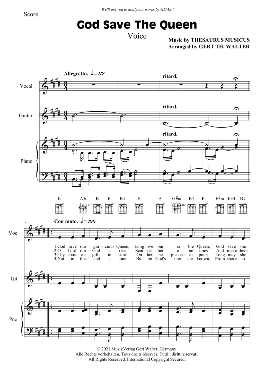God Save The Queen Piano, Vocal, Guitar scores gallery preview page 1