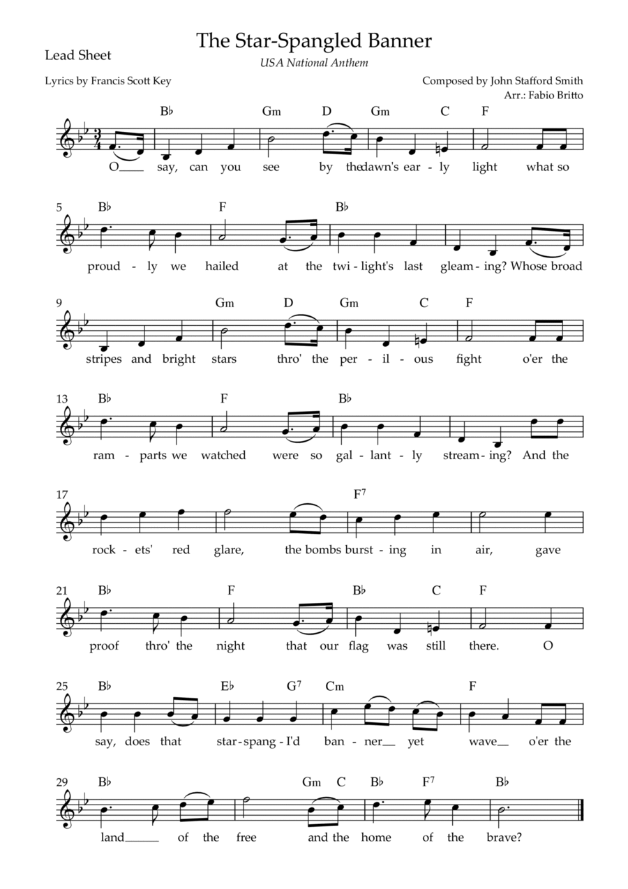 The Star Spangled Banner (USA National Anthem) Lead Sheet (Bb Major) Piano scores gallery preview page 1