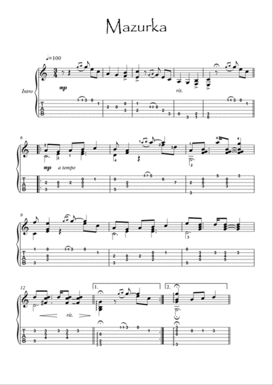 Classical guitar solo - Mazurka Acoustic Guitar scores gallery preview page 1