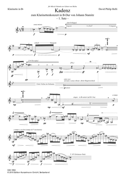 Cadenzas to the Clarinet concerto in B-flat major by J. Stamitz