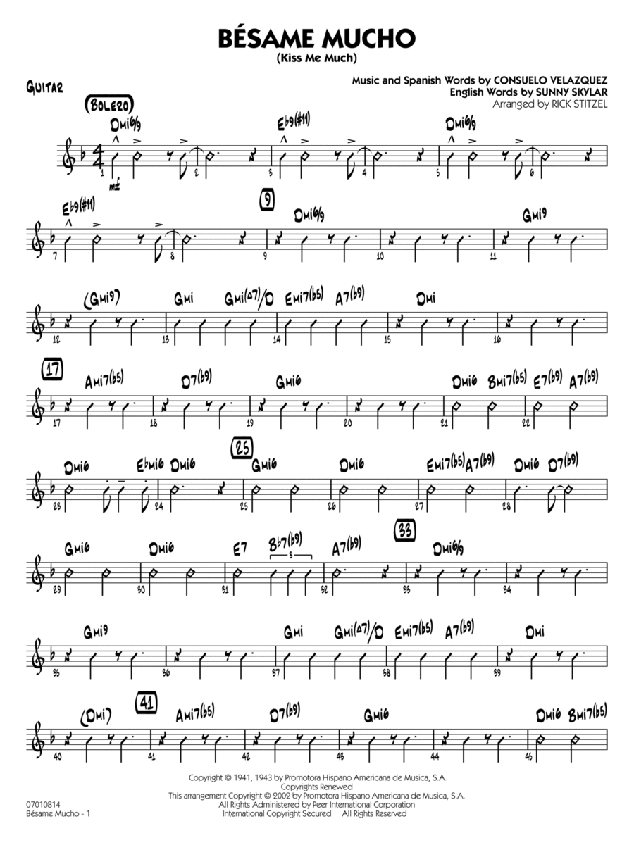 Bésame Mucho (Kiss Me Much) (arr. Rick Stitzel) - Guitar Jazz Ensemble scores gallery preview page 1