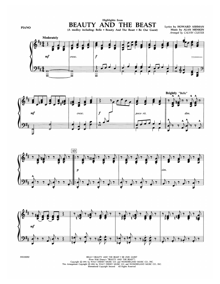 Beauty and the Beast Highlights (arr. Calvin Custer) - Piano