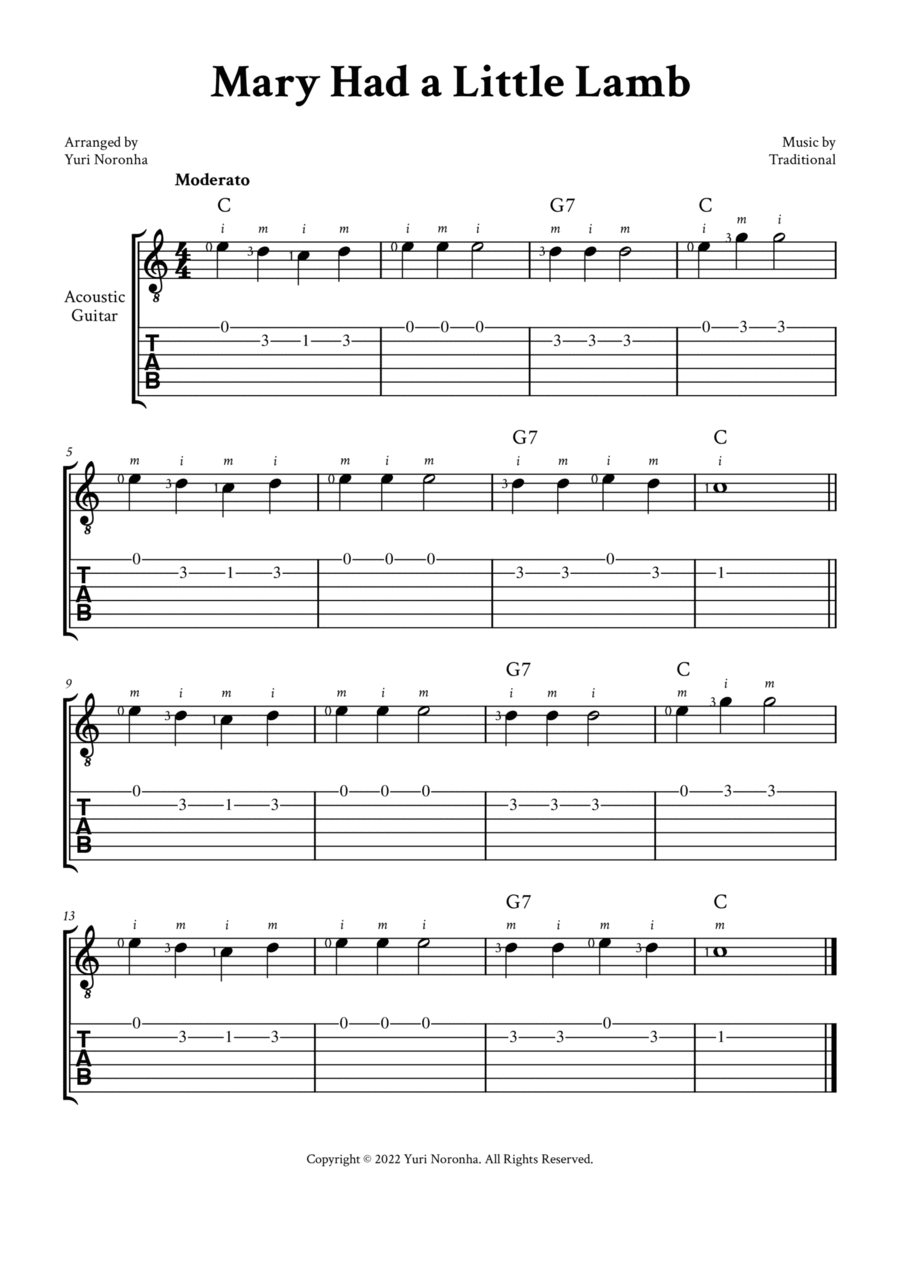 Mary Had a Little Lamb - Easy Guitar (with TAB, Chord and Fingering) Acoustic Guitar scores gallery preview page 1