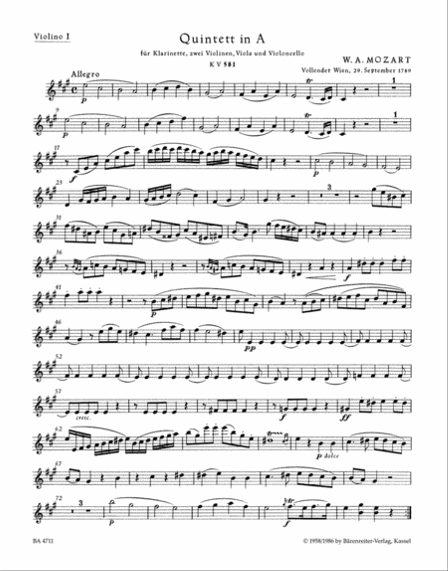 Quintet for Clarinet, two Violins, Viola and Violoncello A major KV 581 'Stadler Quintet' A Clarinet scores gallery preview page 2