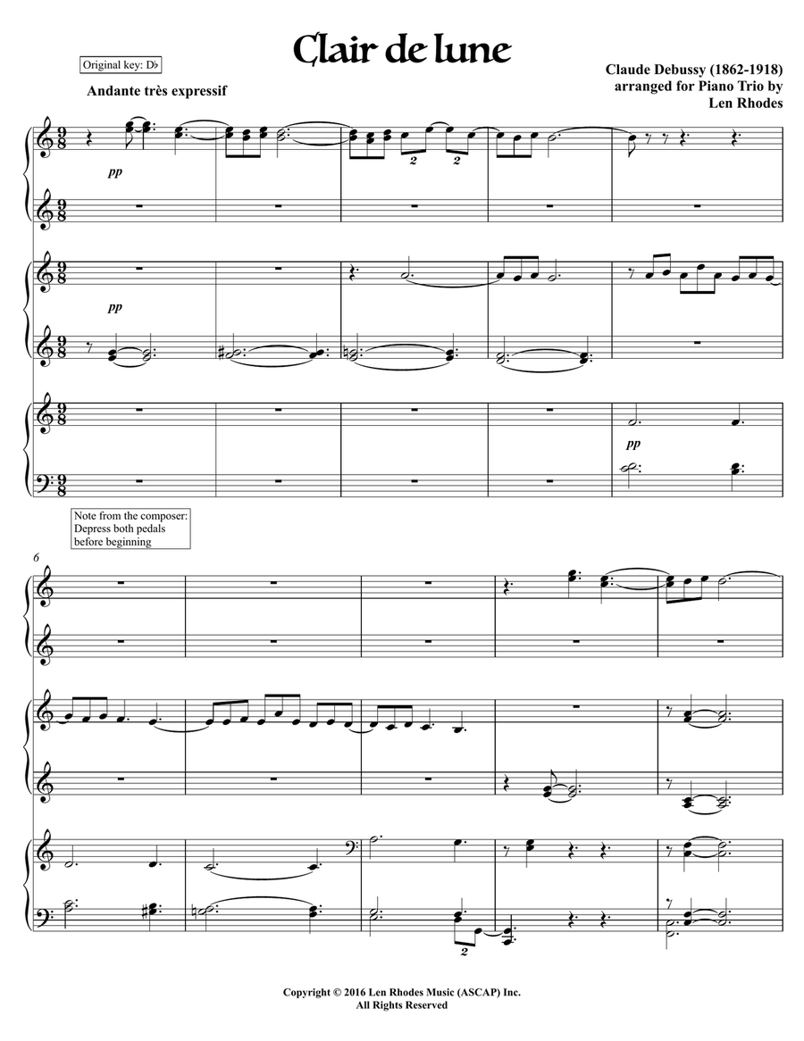 Debussy - Clair de Lune, for Six hands (one piano) Small Ensemble scores gallery preview page 1
