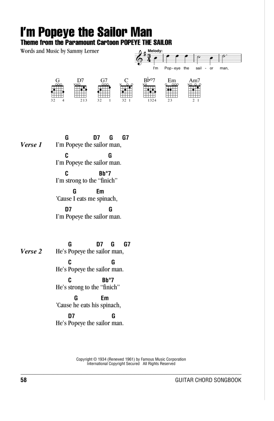 I'm Popeye The Sailor Man Easy Guitar scores gallery preview page 1