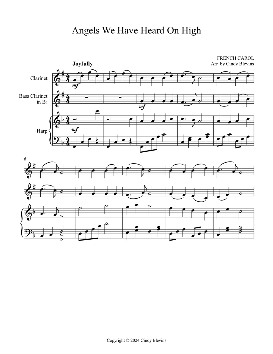 Angels We Have Heard on High, for Clarinet, Bass Clarinet and Harp Small Ensemble scores gallery preview page 2
