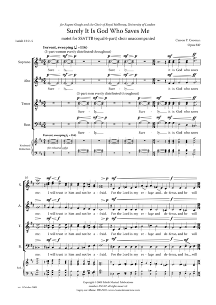 Carson Cooman - Surely It Is God Who Saves Me, Motet for SSATTB (equal 6-part) choir unaccompanied by Carson Cooman Choir - Digital Sheet Music