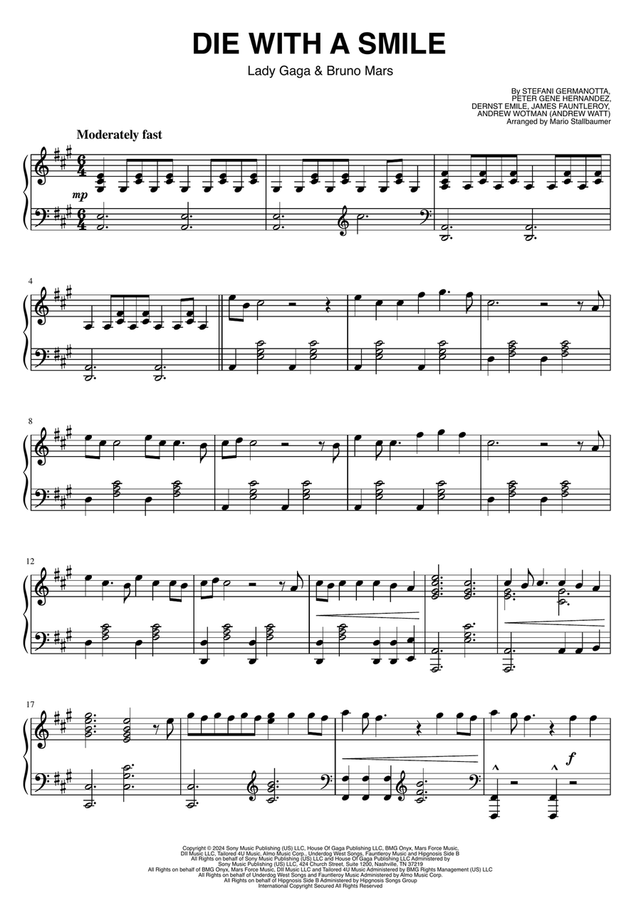 Die With A Smile Piano Solo scores gallery preview page 1