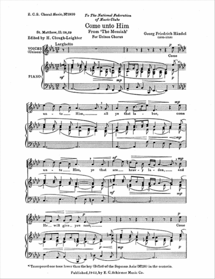 Messiah: Come Unto Him Unison Choir scores gallery preview page 1