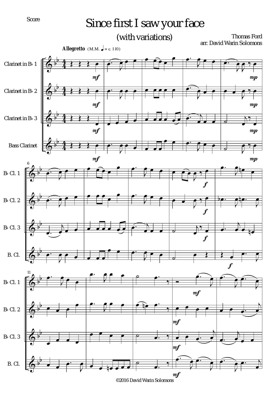 Since first I saw your face (with variations) for clarinet quartet (3 b-flats and 1 bass) Clarinet Quartet scores gallery preview page 1