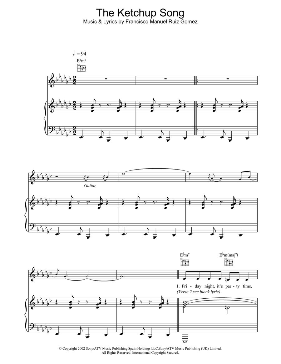 The Ketchup Song The Ketchup Song Piano, Vocal, Guitar scores gallery preview page 1