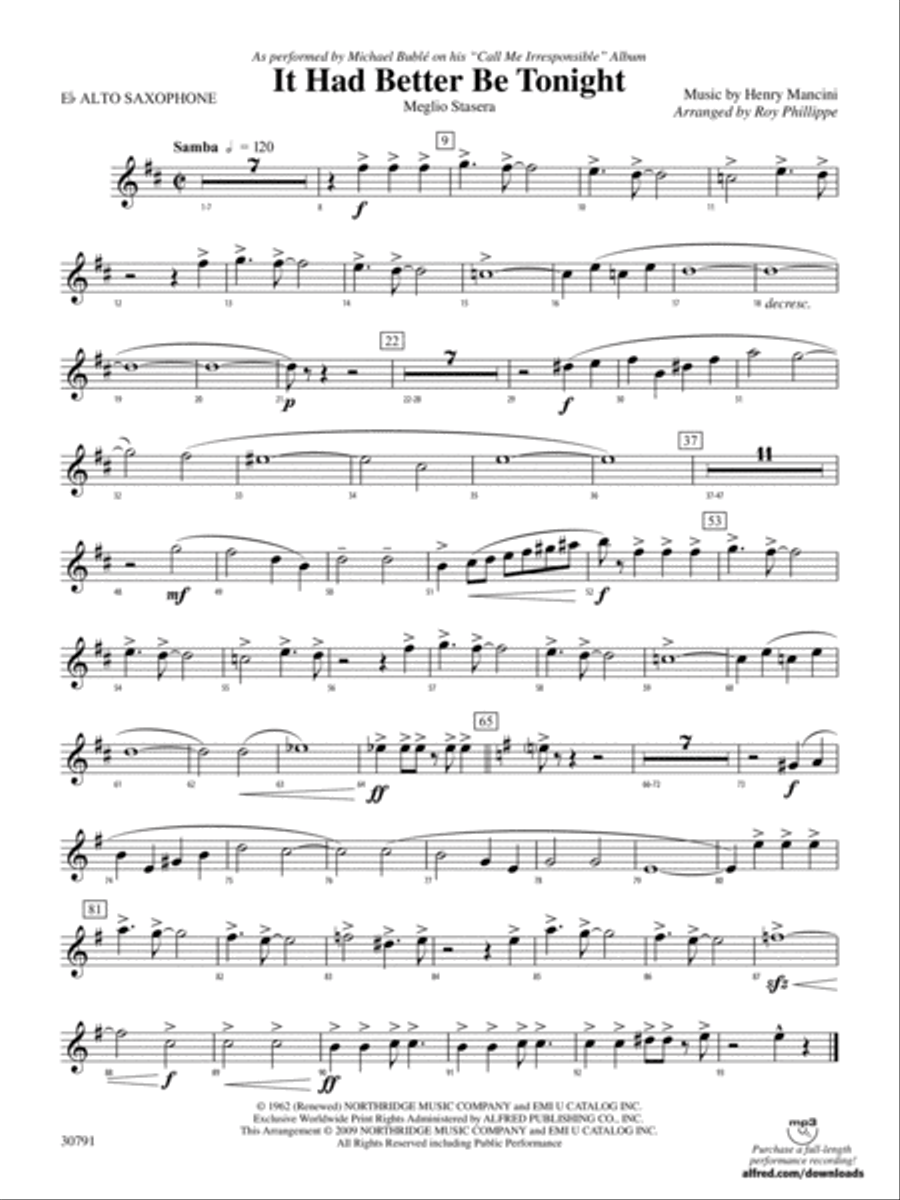 It Had Better Be Tonight (Meglio Stasera): E-flat Alto Saxophone Concert Band scores gallery preview page 1