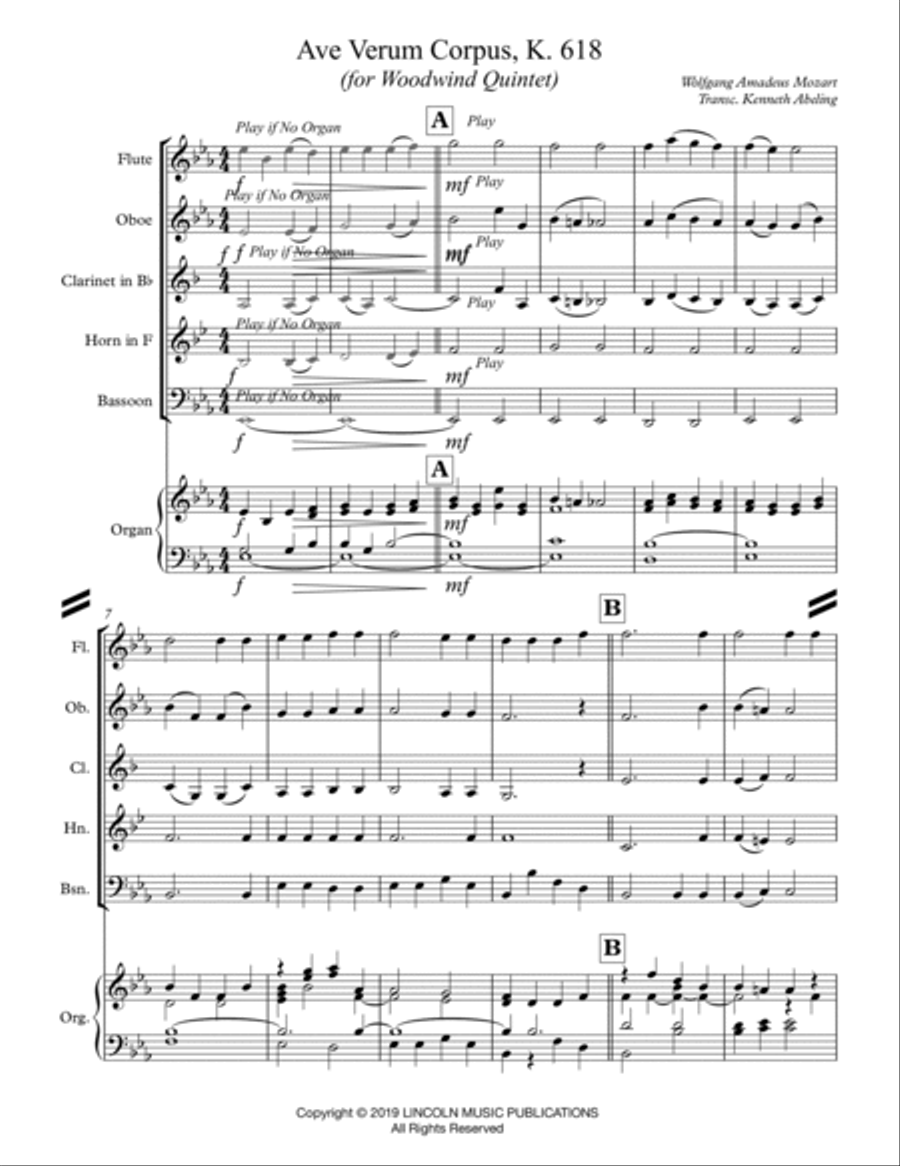 Mozart - Ave Verum Corpus (for Woodwind Quintet and Optional Organ) Woodwind Quintet scores gallery preview page 2