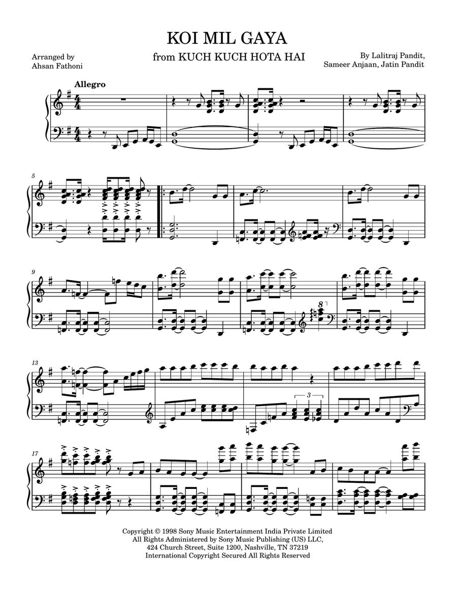 Kuch Kuch Hota Hai Piano Solo scores gallery preview page 1