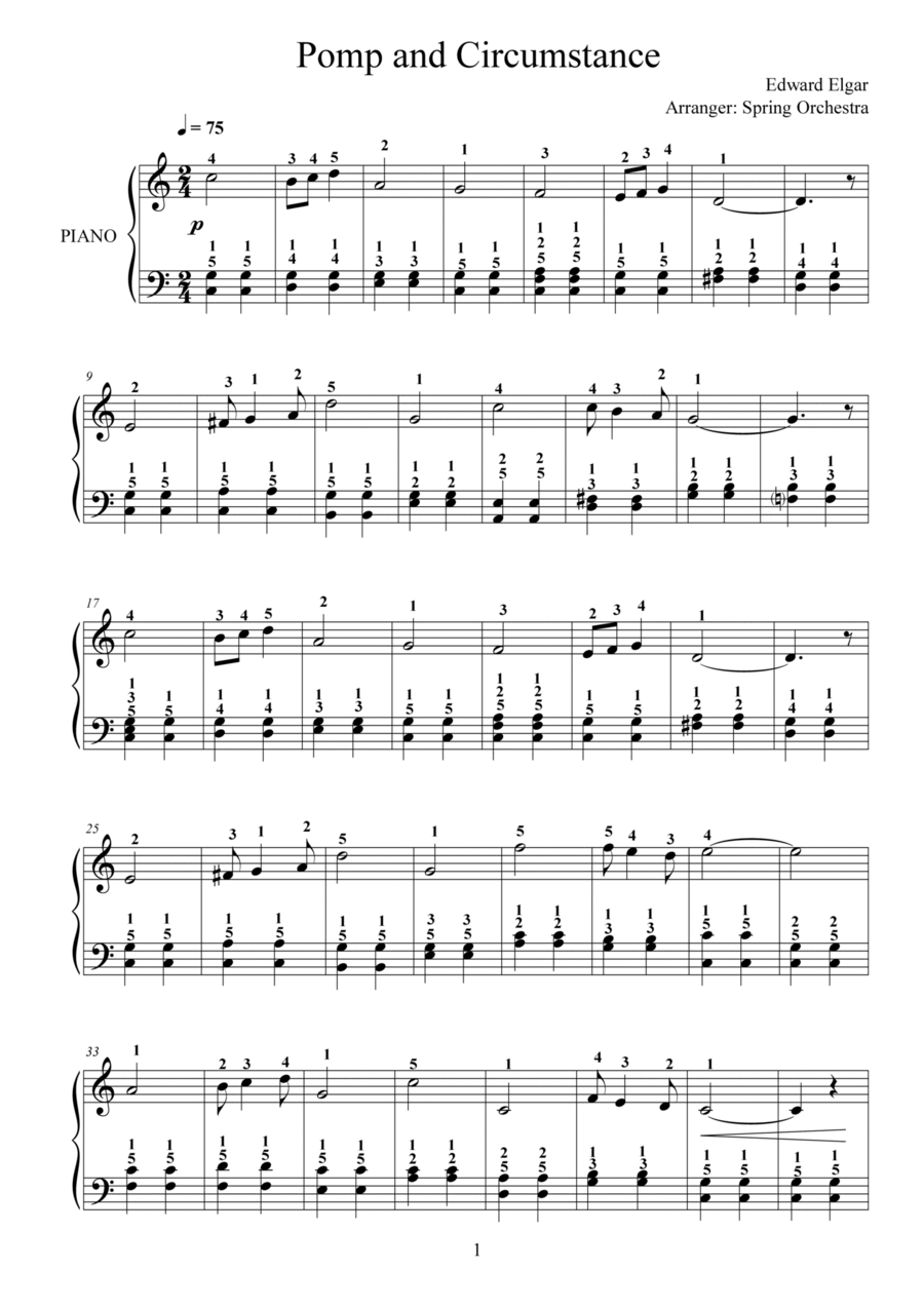 Pomp and Circumstance Easy Piano for Beginners (with finger numbers) Easy Piano scores gallery preview page 1
