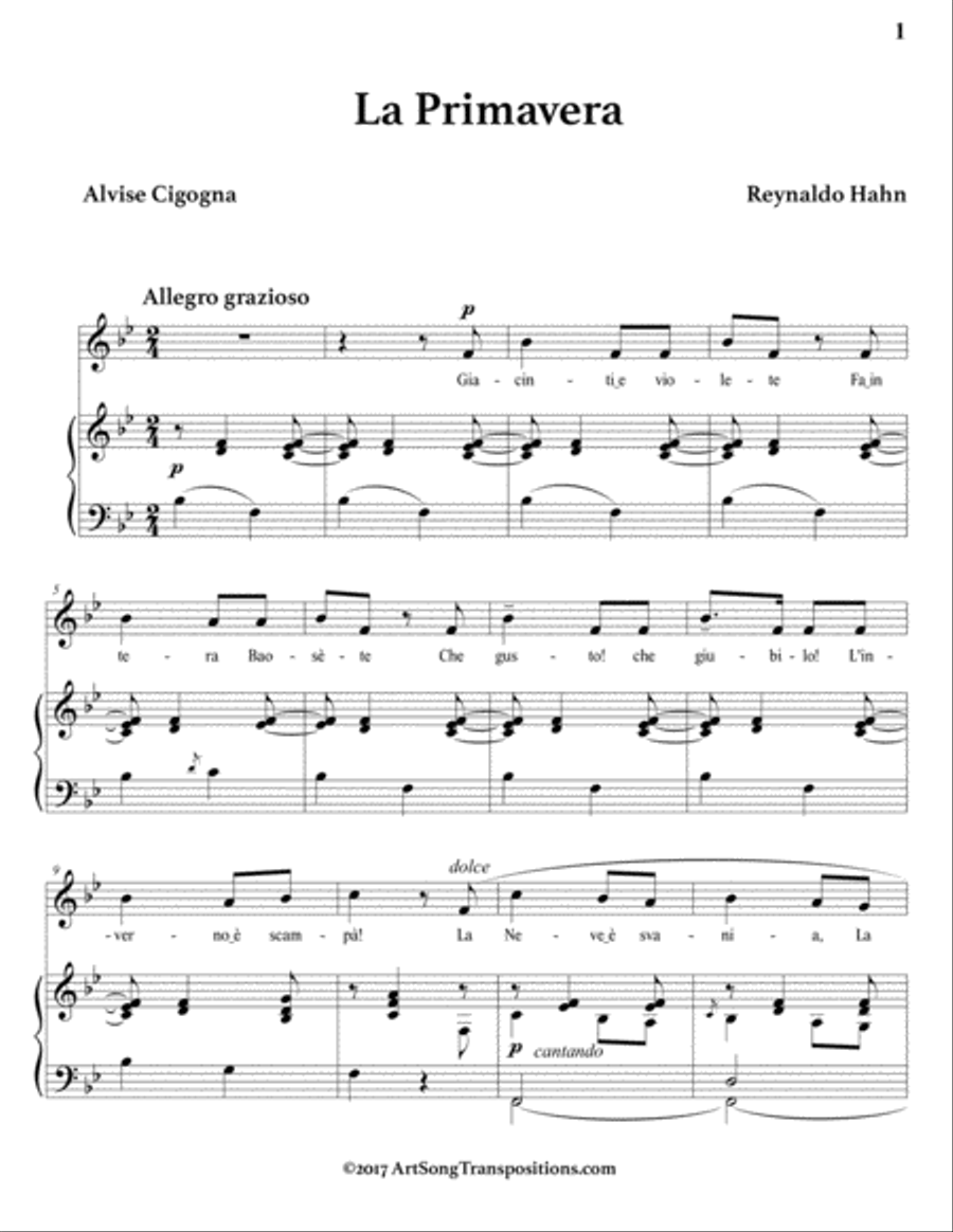 HAHN: La primavera (transposed to B-flat major) Voice scores gallery preview page 2
