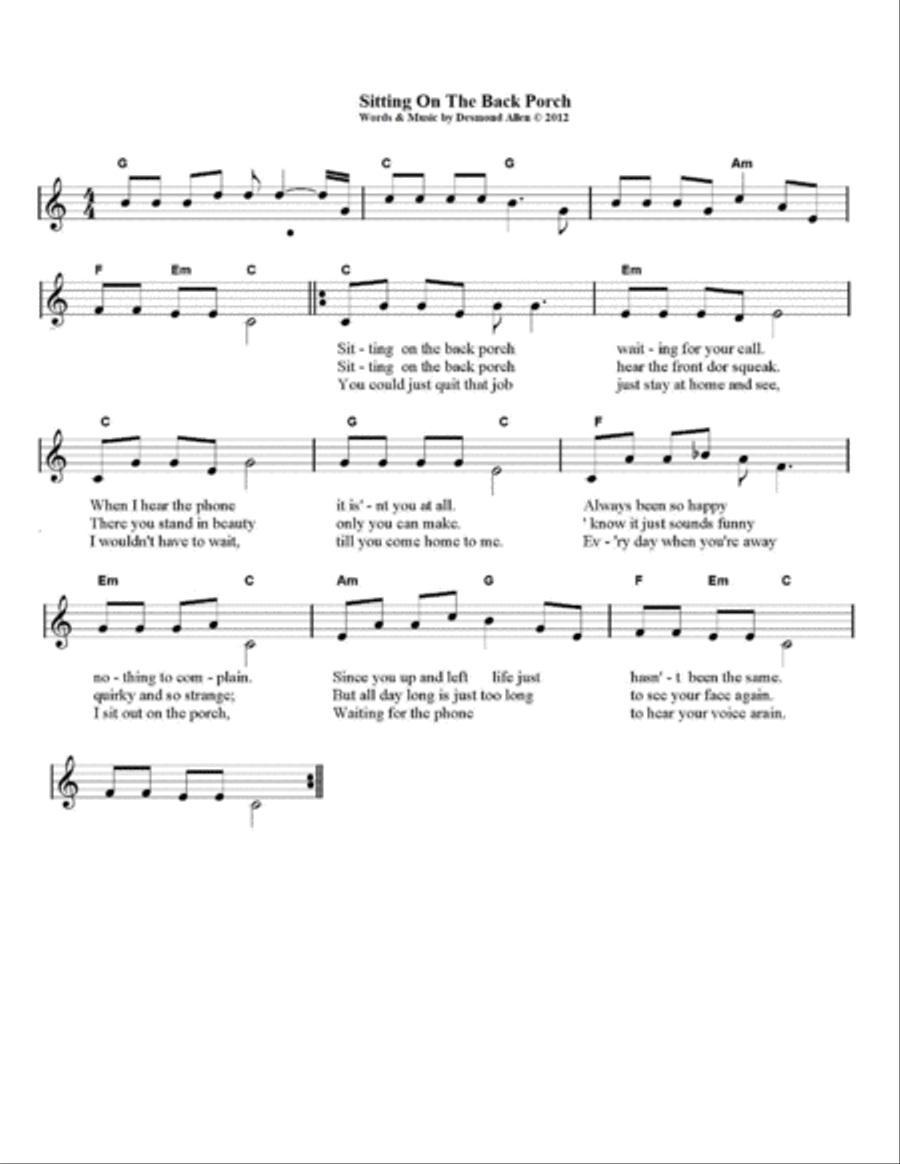 Sitting On The Back Porch by Desmond Allen Piano, Vocal, Guitar scores gallery preview page 1