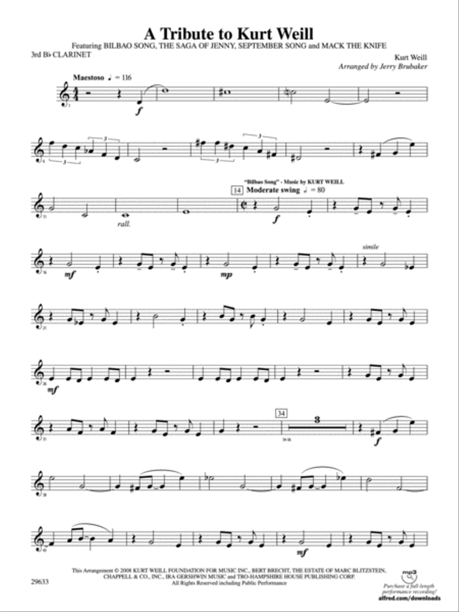 A Tribute to Kurt Weill: 3rd B-flat Clarinet Concert Band scores gallery preview page 1