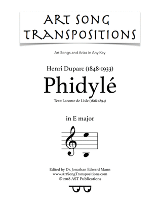 Book cover for DUPARC: Phidylé (transposed to E major)