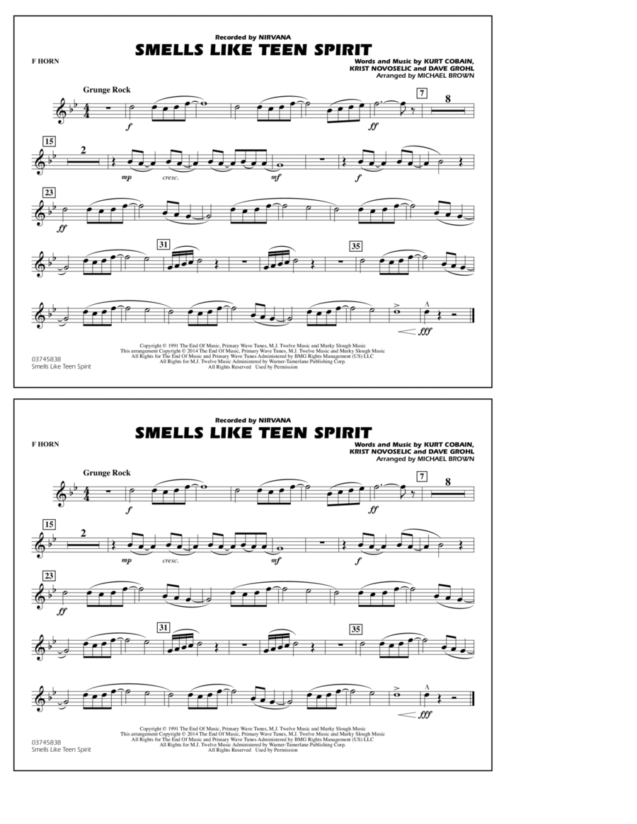 Smells Like Teen Spirit - F Horn Marching Band scores gallery preview page 1