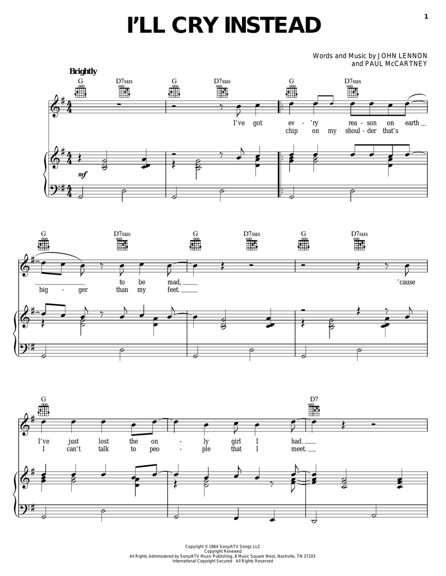 I'll Cry Instead I'll Cry Instead Piano, Vocal, Guitar scores gallery preview page 1