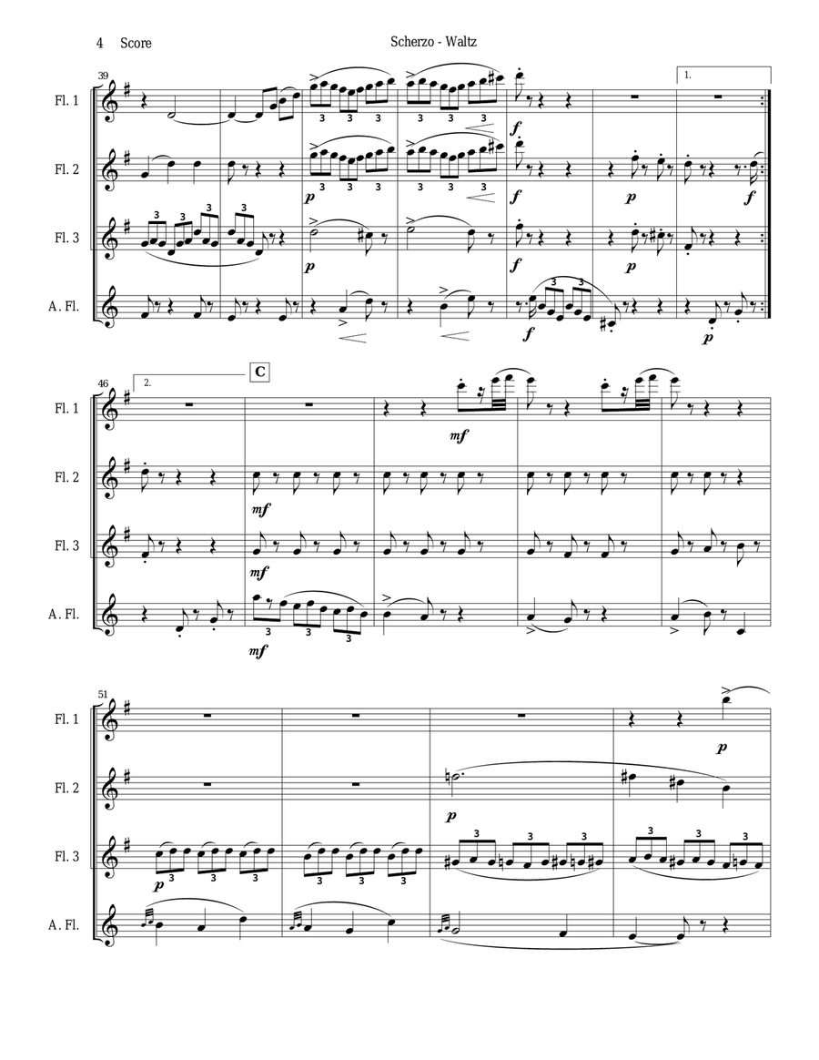 Chabrier - flute quartet - Scherzo from Suite Pastorale Flute Quartet scores gallery preview page 4