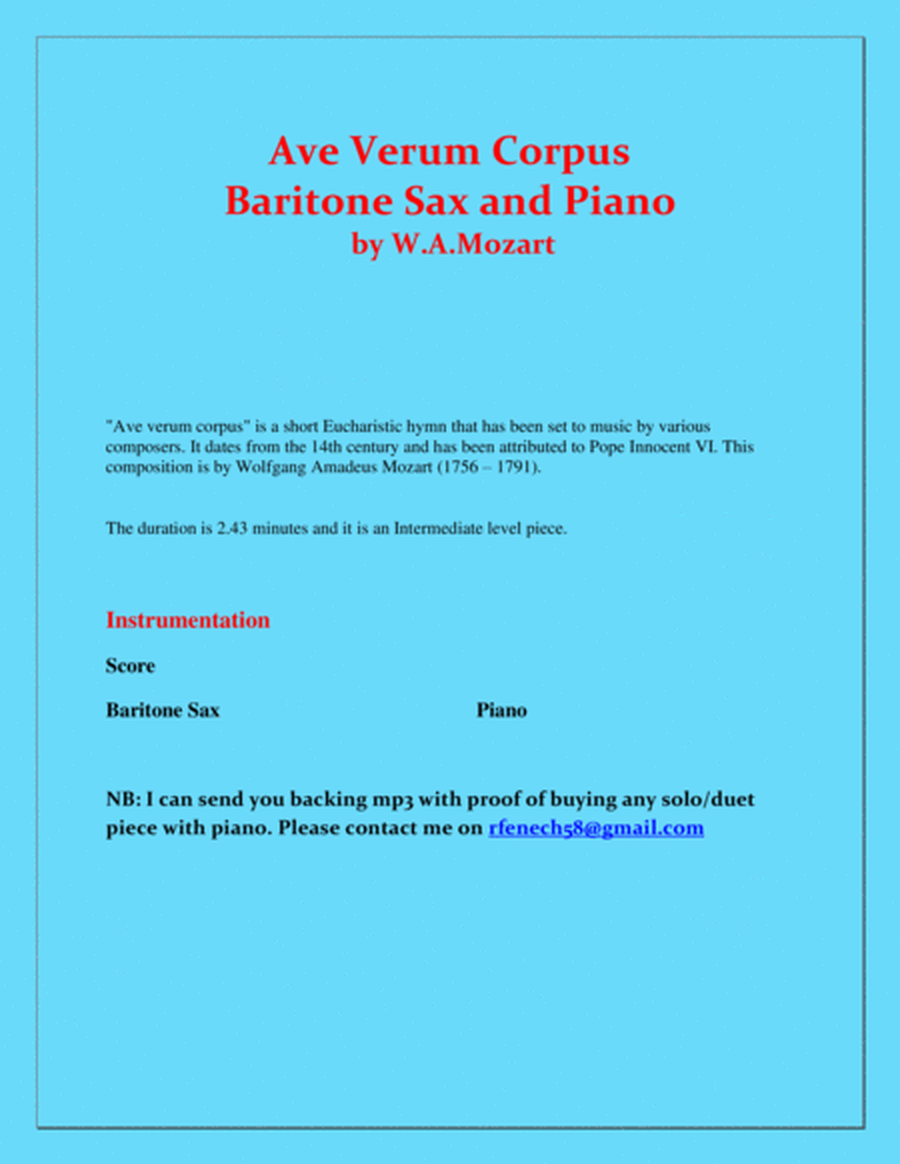 Ave Verum Corpus - Baritone Sax and Piano - Intermediate level image number null