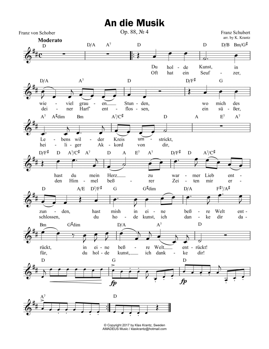 An die Musik, To Music for voice (german/english) and guitar chords (lead sheet) Easy Guitar scores gallery preview page 1