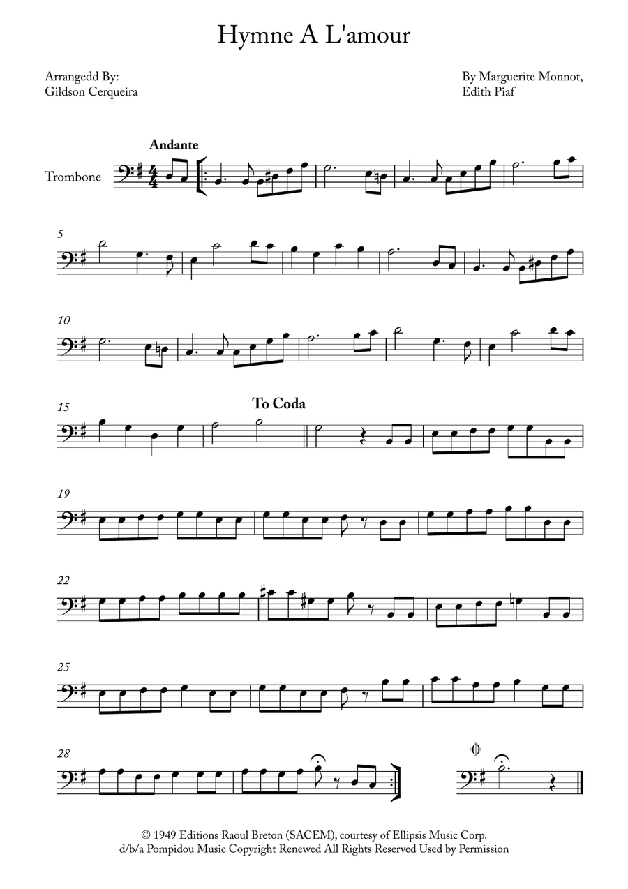 Hymne A L'amour Trombone Solo scores gallery preview page 1