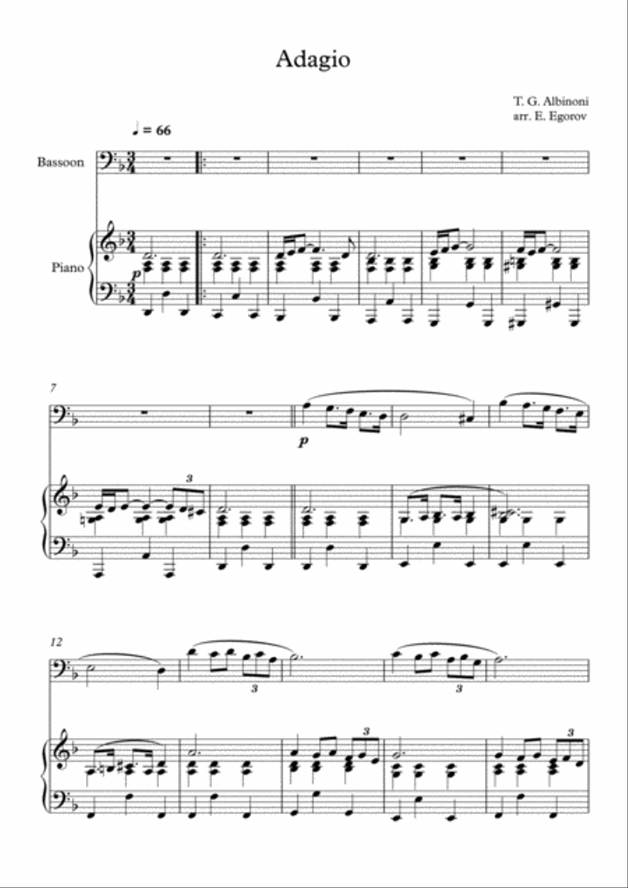 Adagio (In G Minor), Tomaso Giovanni Albinoni, For Bassoon & Piano Bassoon Solo scores gallery preview page 1