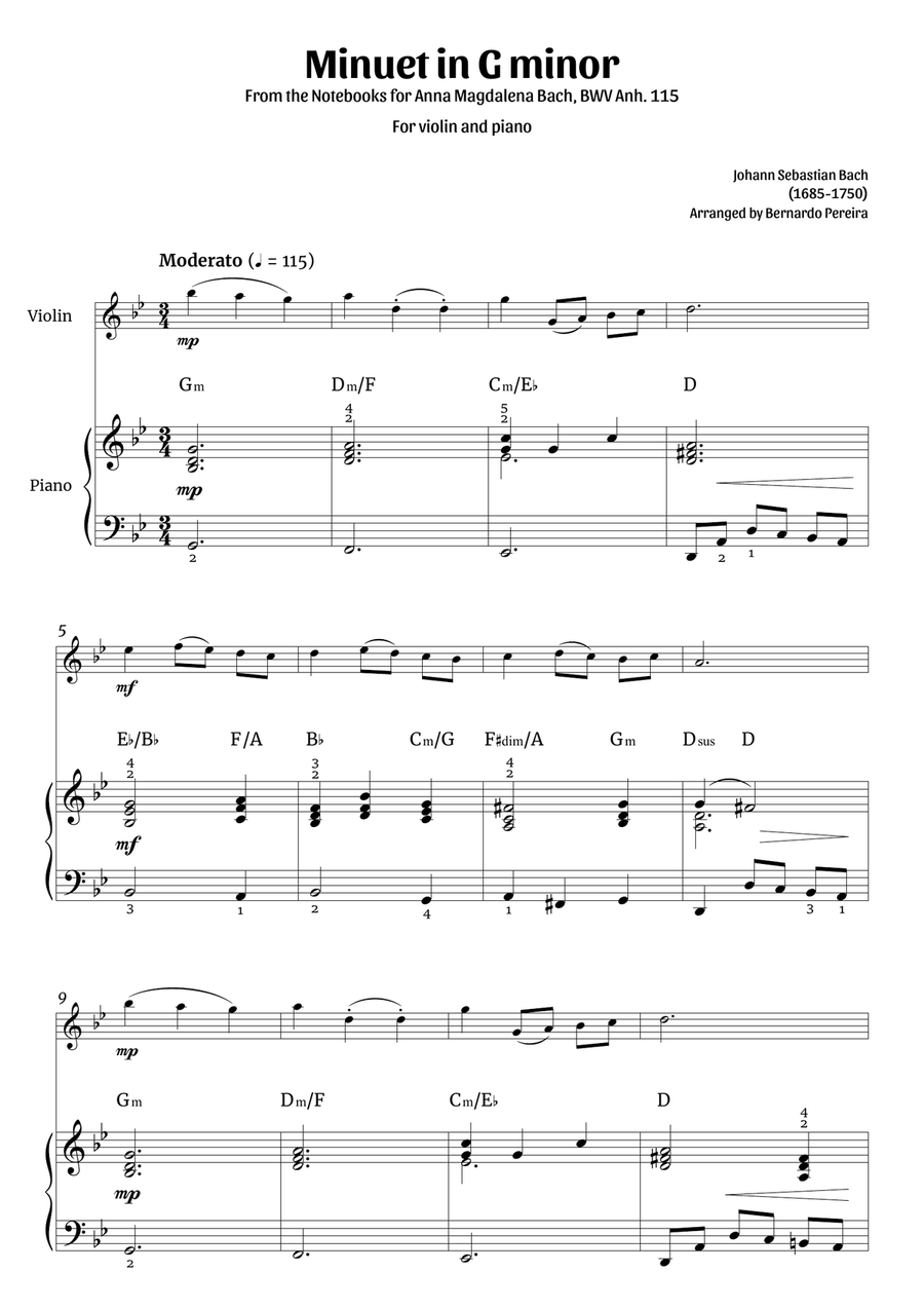 Minuet in G minor (violin and piano) Violin Solo scores gallery preview page 1
