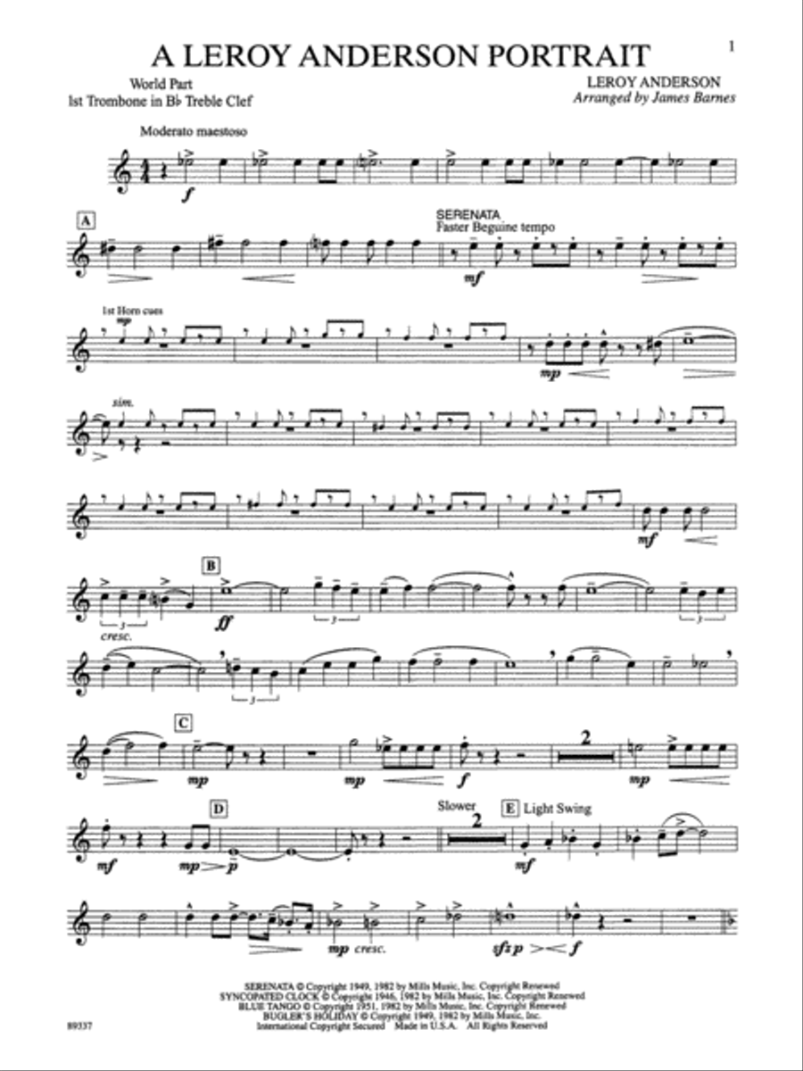 Leroy Anderson Portrait: WP 1st B-flat Trombone T.C. Concert Band scores gallery preview page 1
