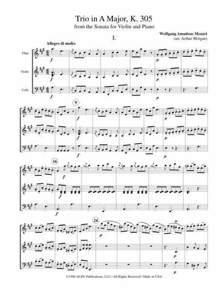 Trio in A Major, KV305 for Flute, Violin and Cello