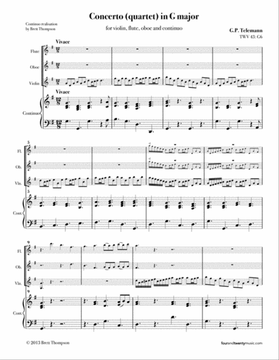 Concerto (Quartet) in G - TWV 43 G6 [Urtext] Small Ensemble scores gallery preview page 2