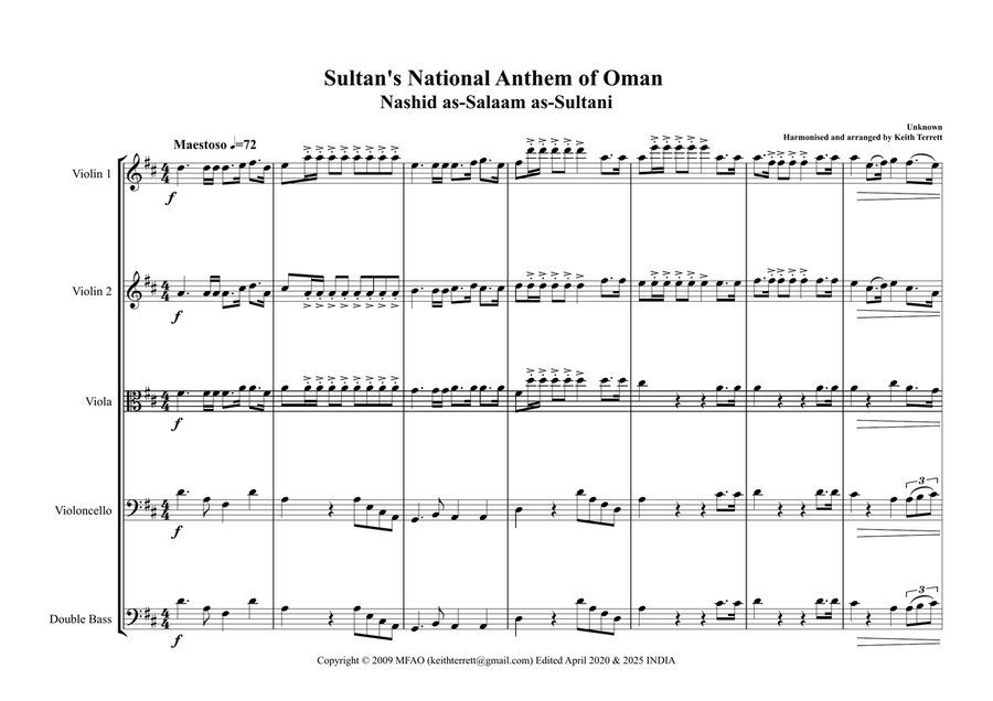 Omani National Anthem (as-Salām as-Sultānī (Arabic: نشيد السلام السلطاني‎,) for String Orchestra String Orchestra scores gallery preview page 2
